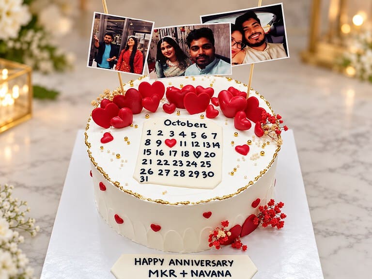 ছবি ও ক্যালেন্ডার টপারসহ বিবাহবার্ষিকী কেক — Tinnis Bakeshop